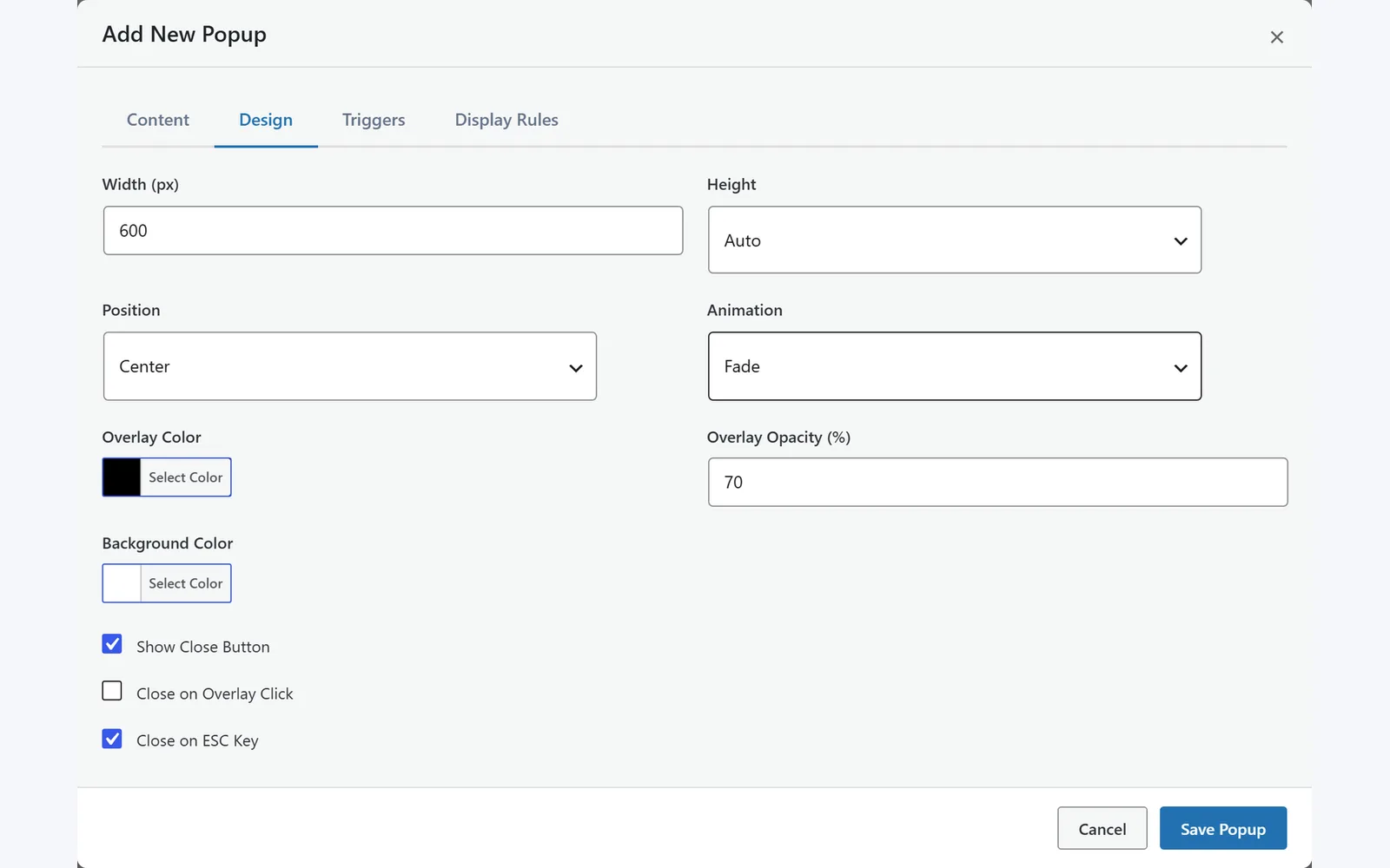 All in One WP Settings Popup Manager design screen