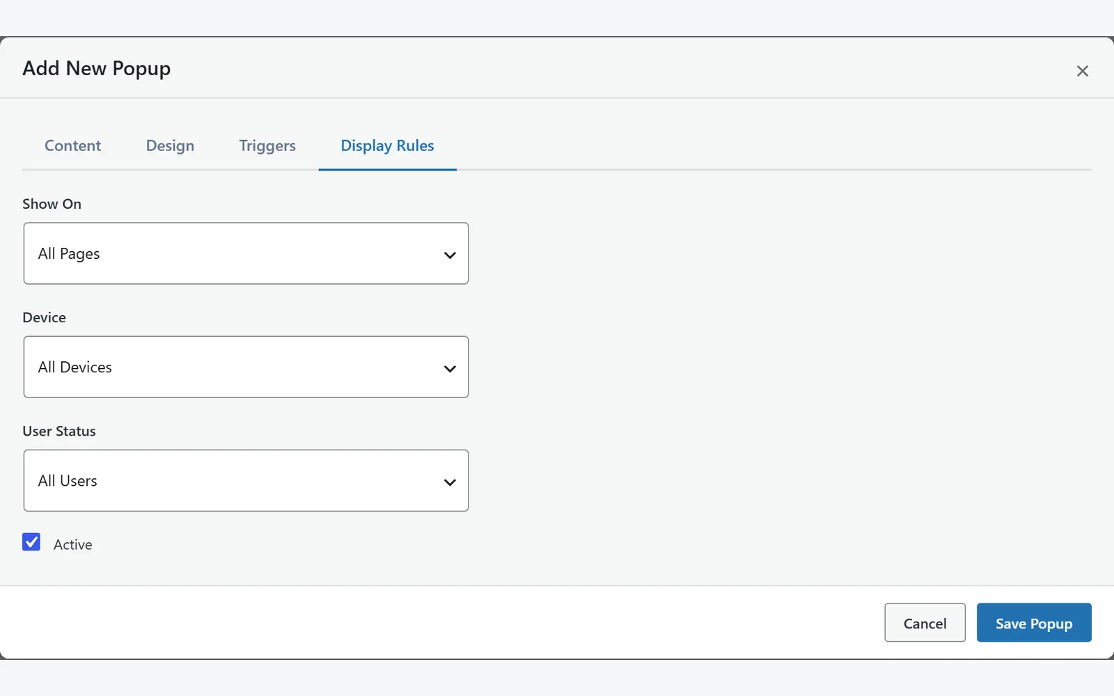 All in One WP Settings Popup Manager display rules screen