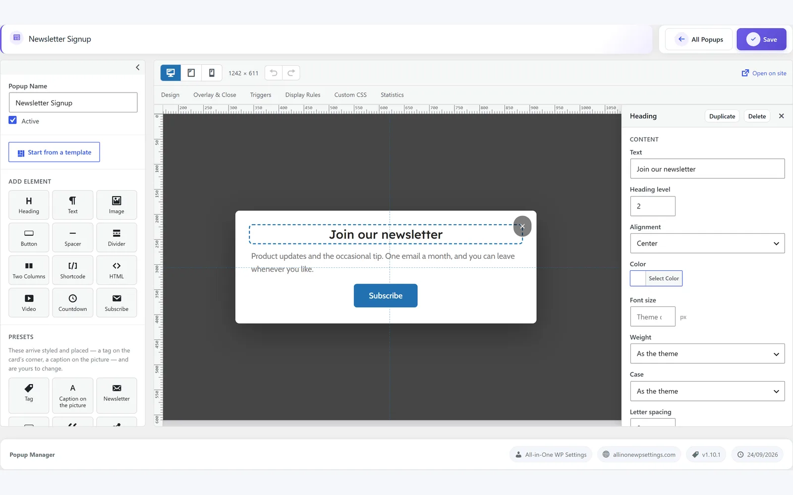All in One WP Settings Popup Manager editor screen