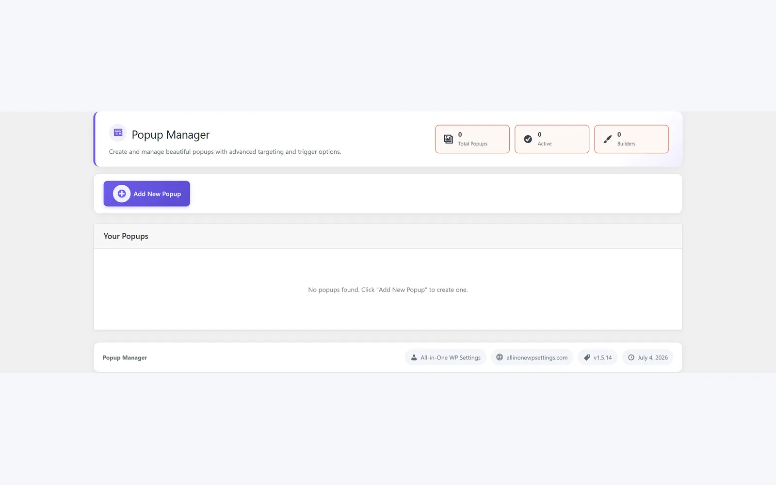 All in One WP Settings Popup Manager list screen