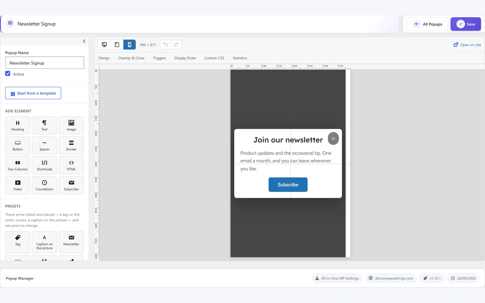 All in One WP Settings Popup Manager editor at mobile width