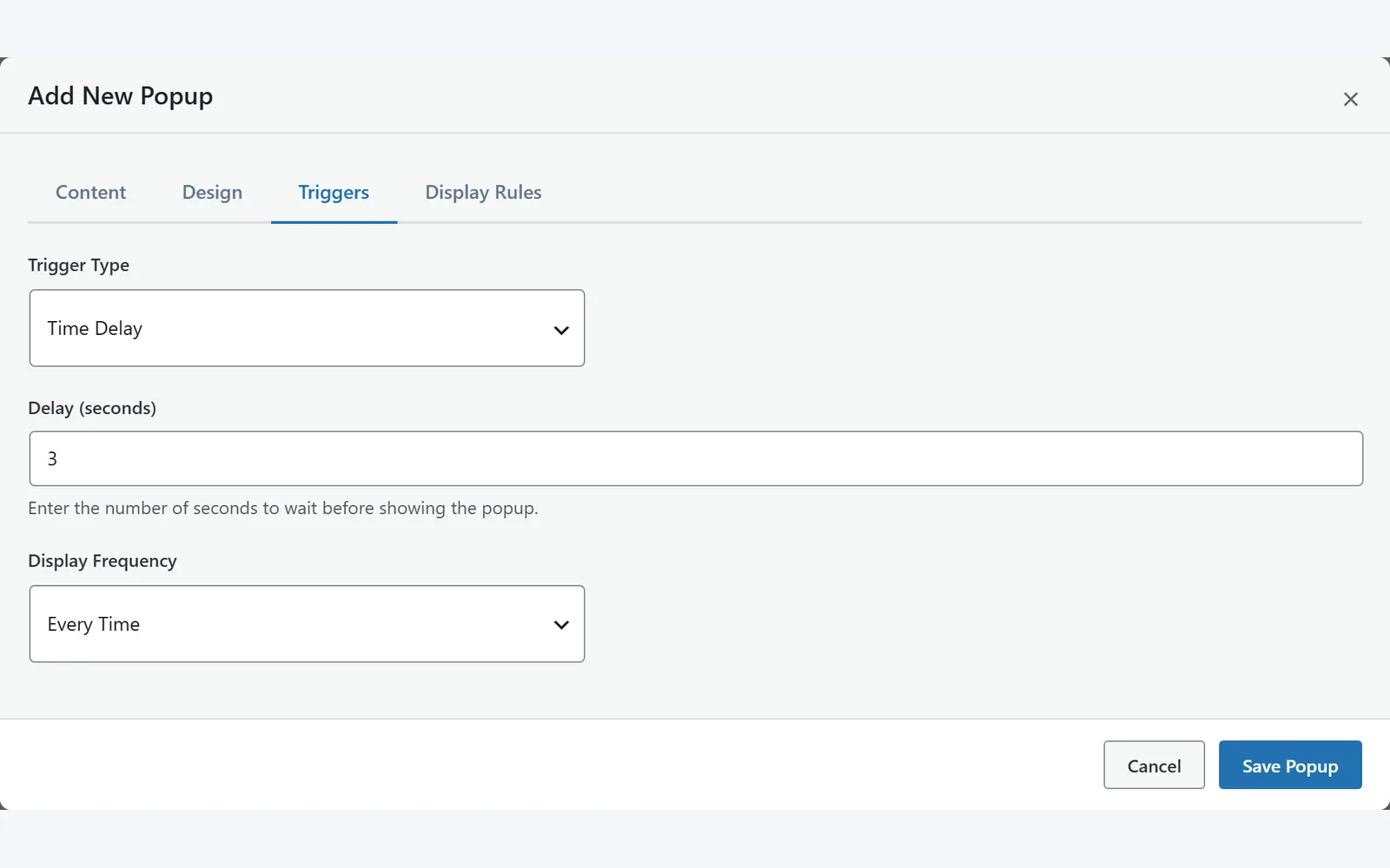 All in One WP Settings Popup Manager triggers screen