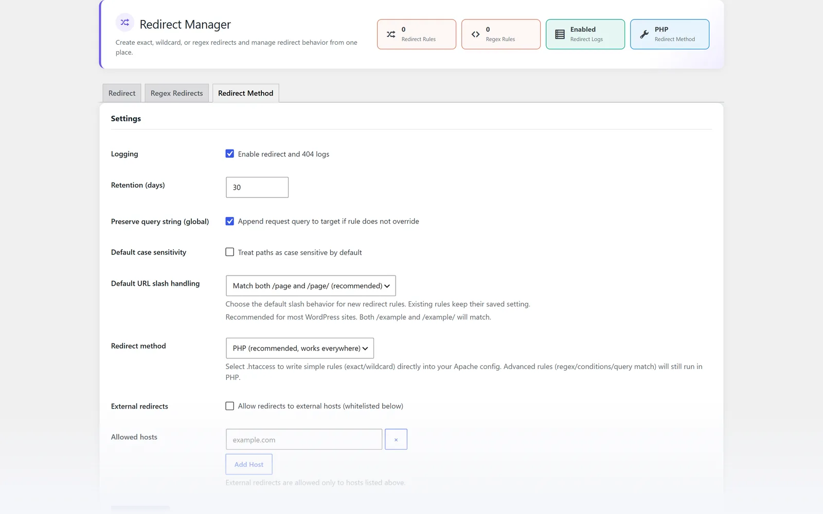 All in One WP Settings Redirect Manager method screen