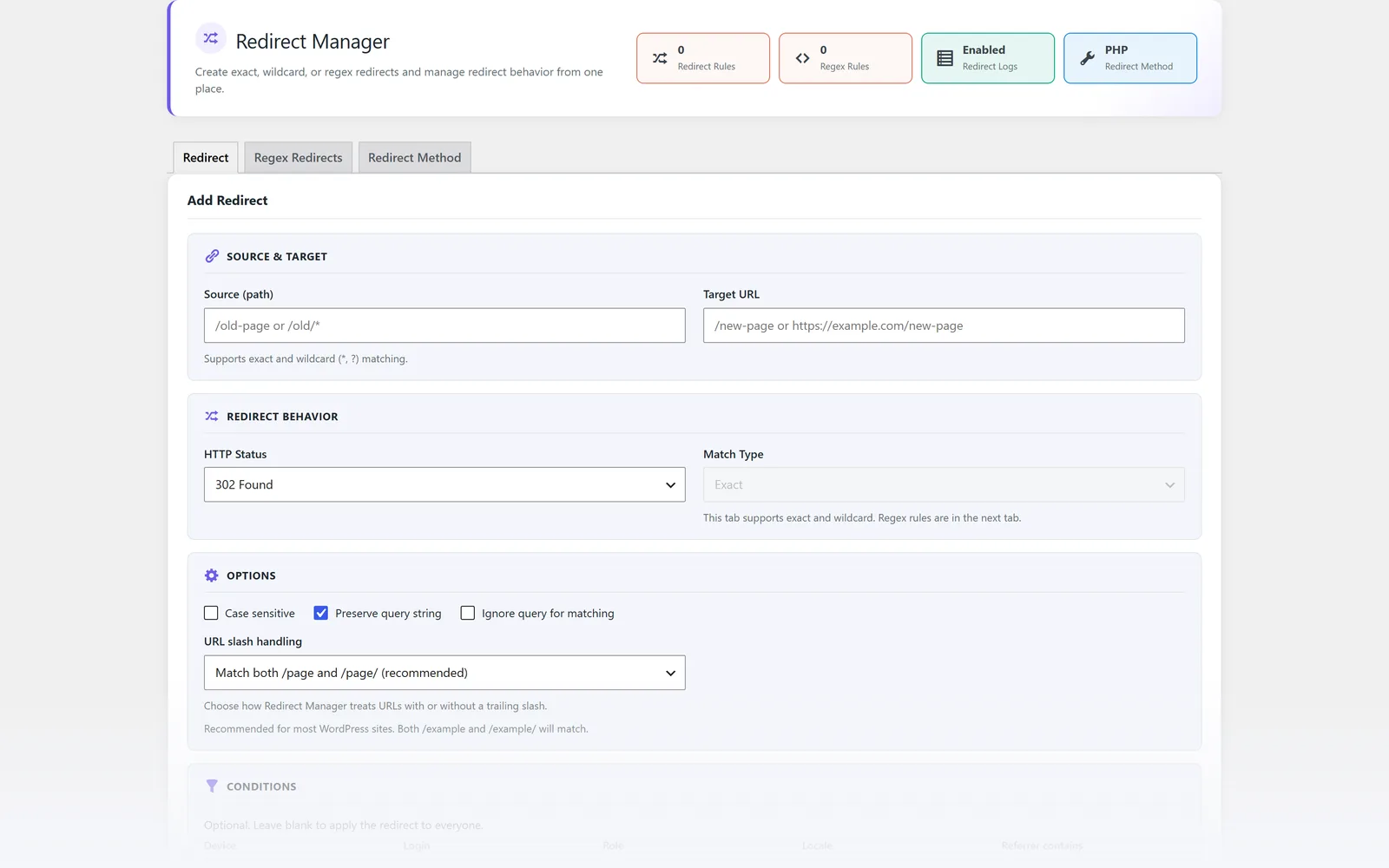 All in One WP Settings Redirect Manager rules screen