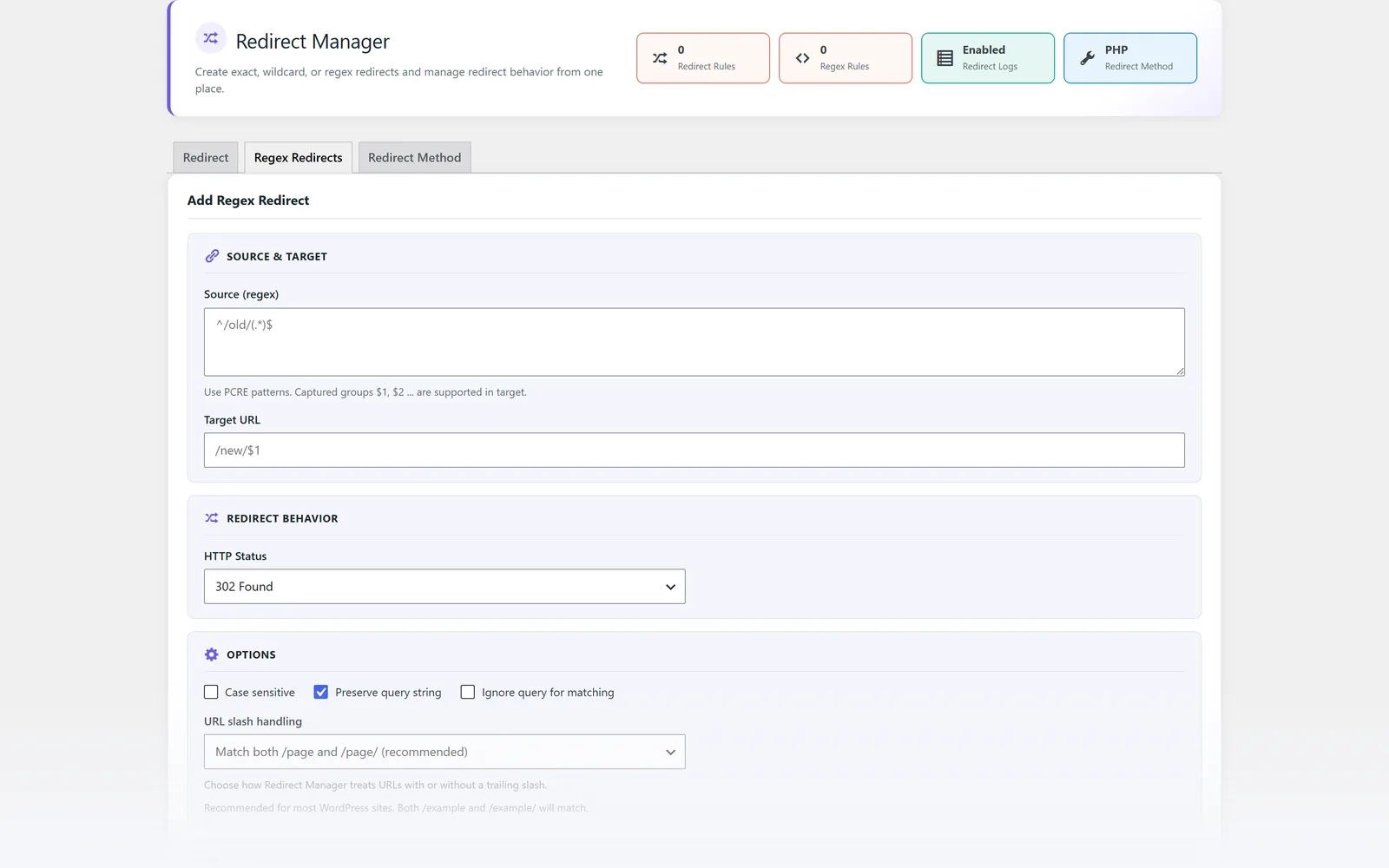 All in One WP Settings Redirect Manager regex redirects screen