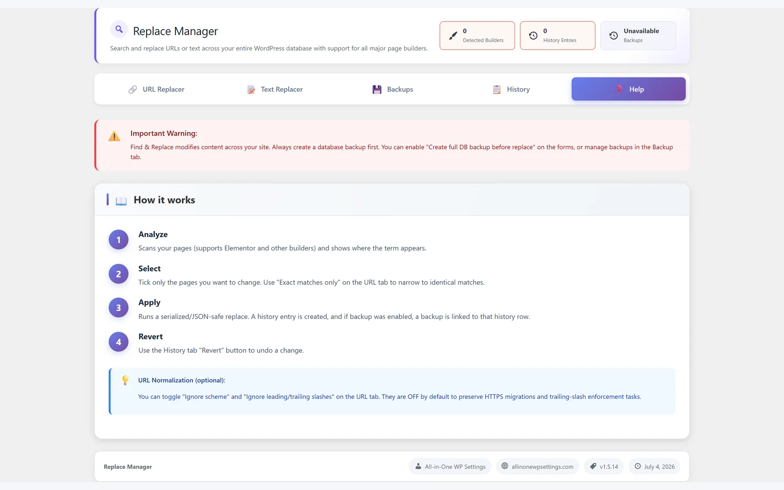 All in One WP Settings Replace Manager help screen