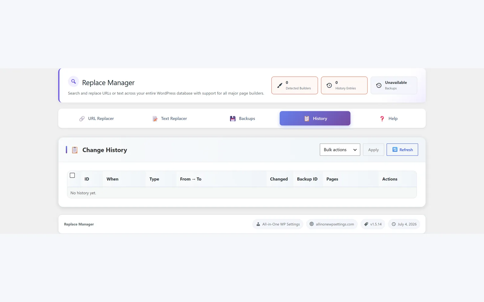 All in One WP Settings Replace Manager history screen