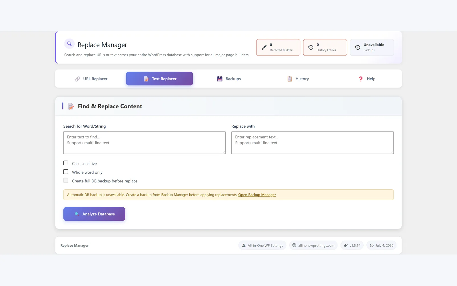 All in One WP Settings Replace Manager text replacer screen