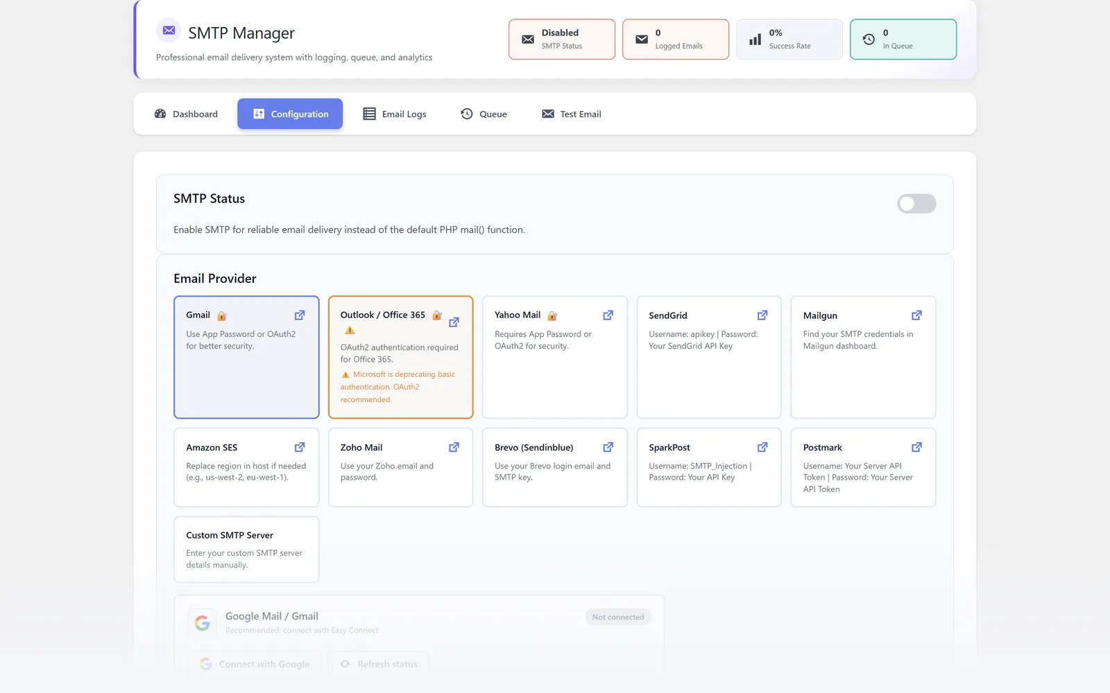 All in One WP Settings SMTP Manager configuration screen
