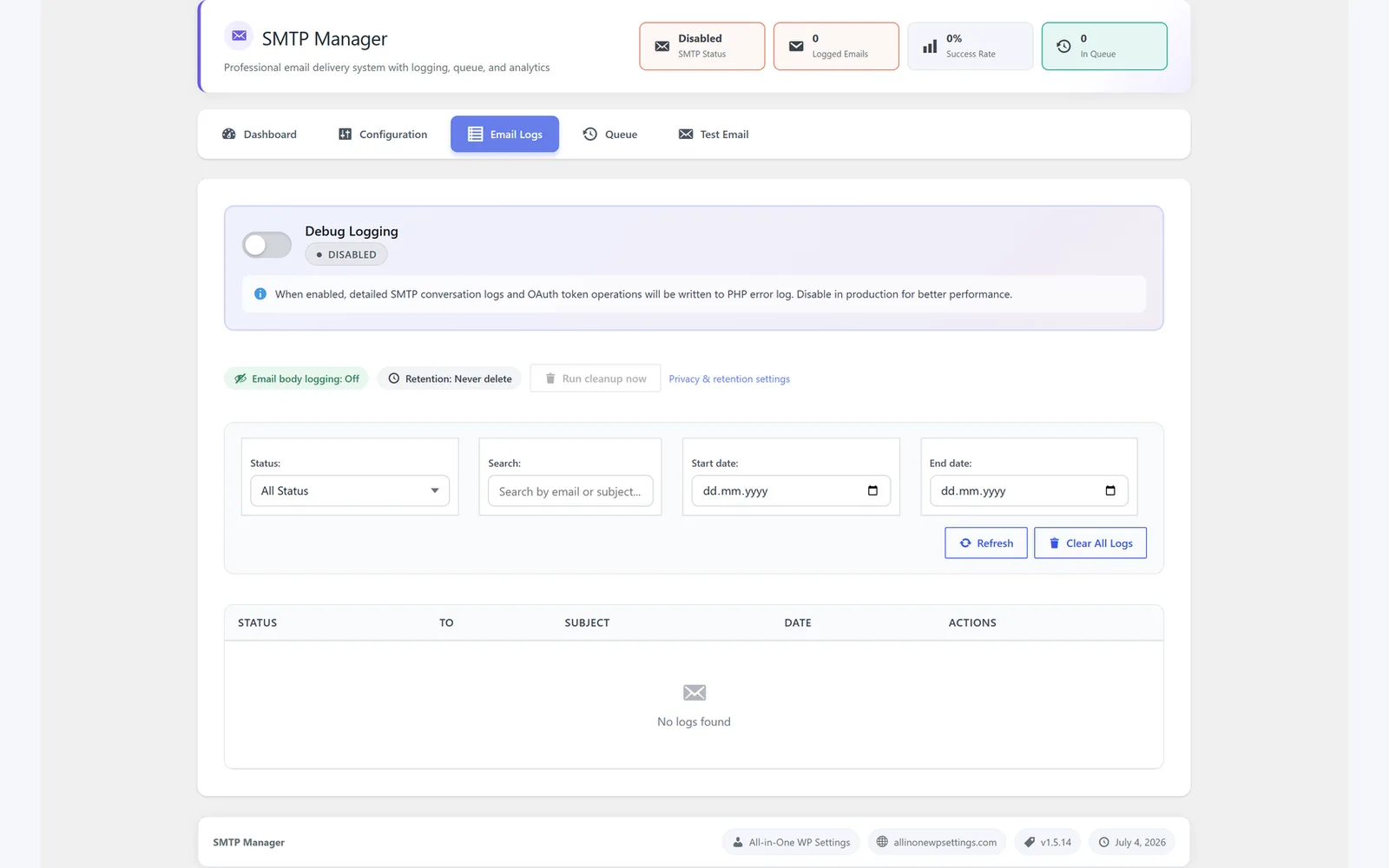 All in One WP Settings SMTP Manager email logs screen