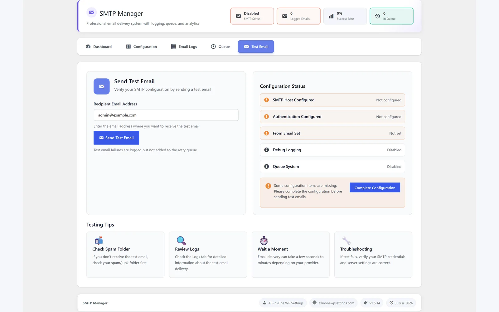 All in One WP Settings SMTP Manager test email screen