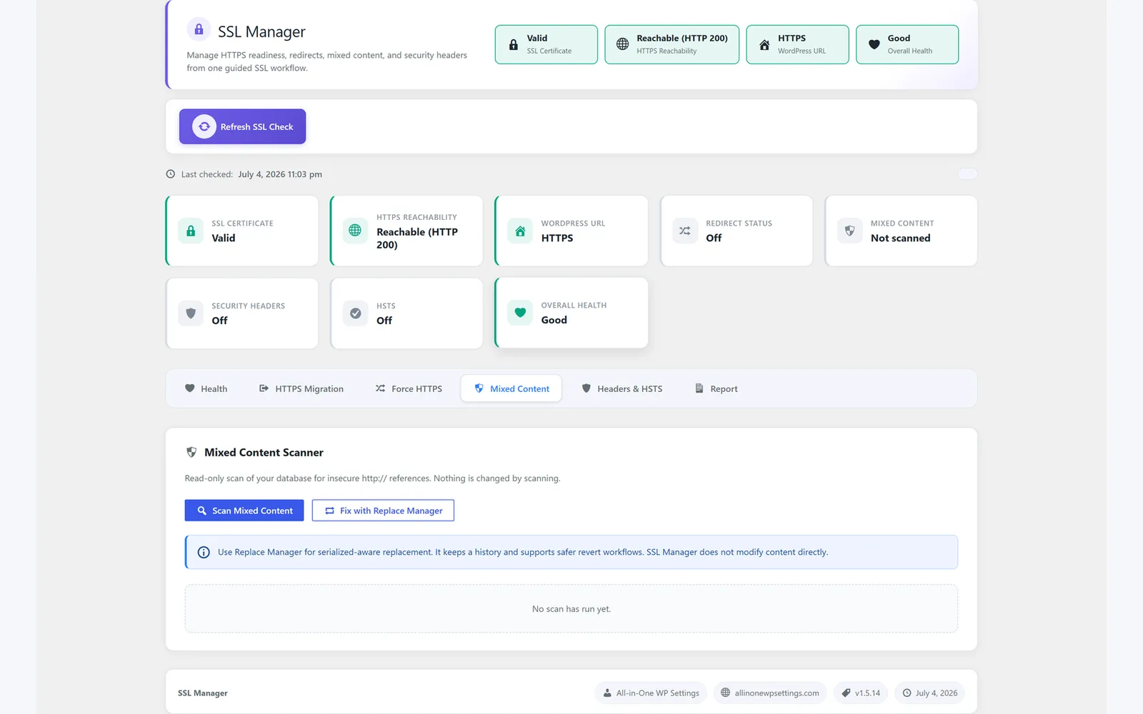 All in One WP Settings SSL Manager mixed content tools screen