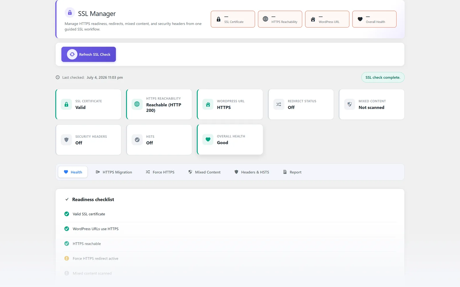 All in One WP Settings SSL Manager settings screen